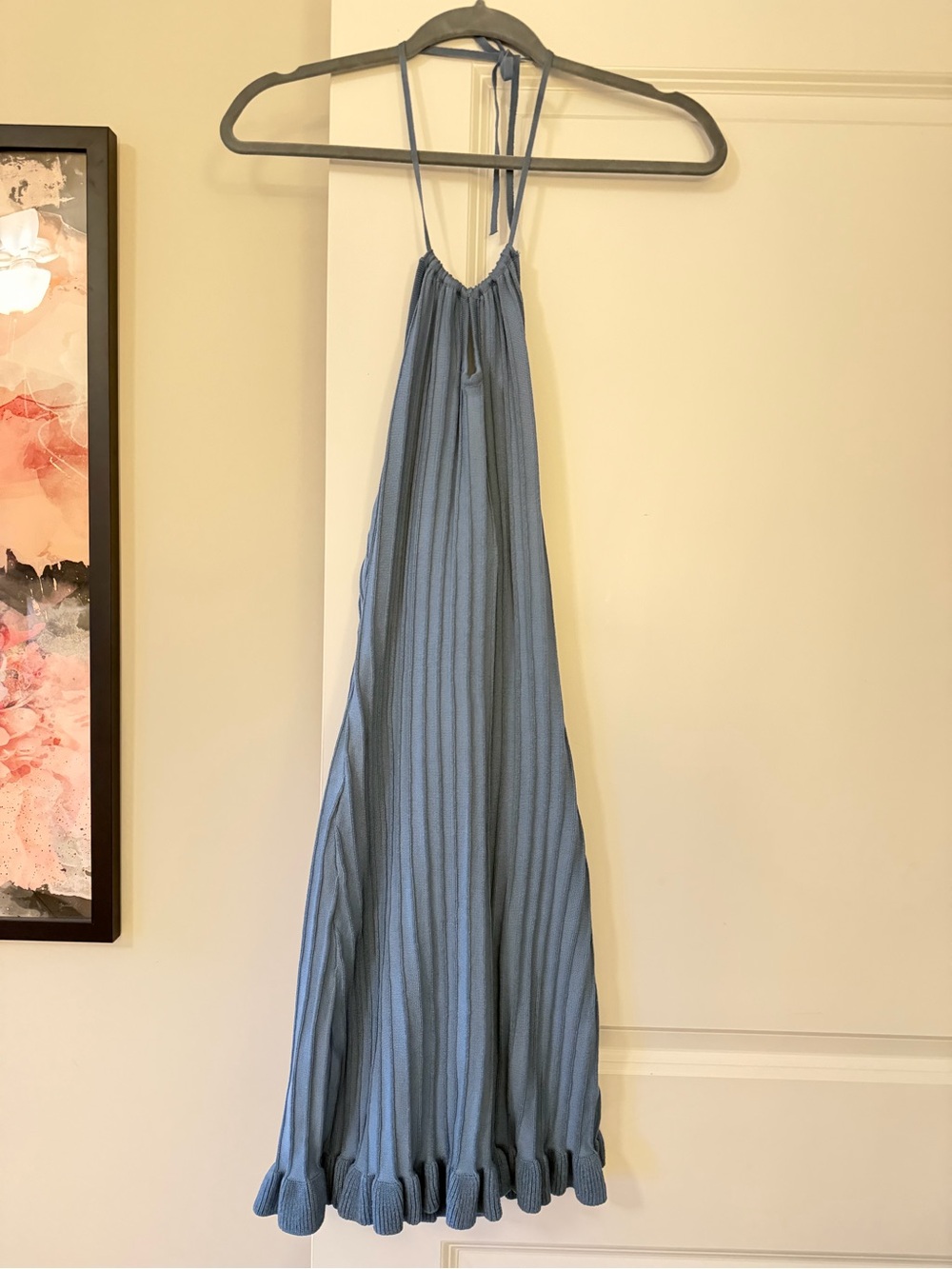 Yesterdaze Dusty Blue Pleated Halter Dress, Size Large